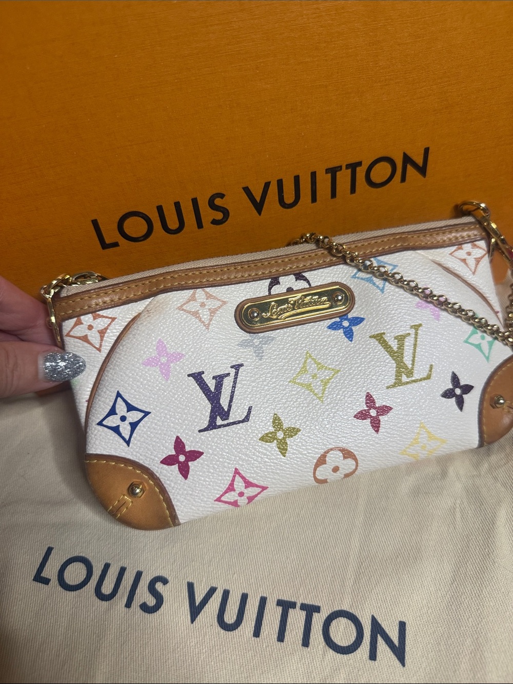 Louis Vuitton White Multicolor Murakami Pochette with Gold Chain